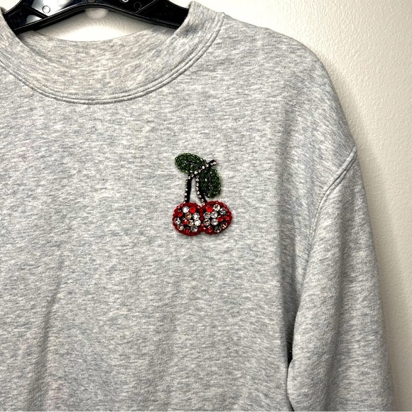 Women’s Gray Crew Neck Sweatshirt Embellished Cherry Appliqué Rhinestone Size Sm - Picture 1 of 9